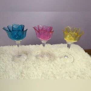 Pink Yellow Blue Glass Flower Petals Tealight Votive Holder(s) Set of 3